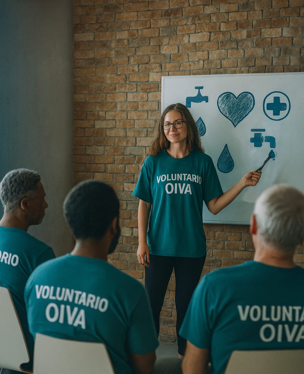 Voluntariado OIVA – Educación comunitaria en agua y salud Voluntaria de OIVA realiza una charla comunitaria sobre agua y salud, con apoyo de material visual en pizarra.