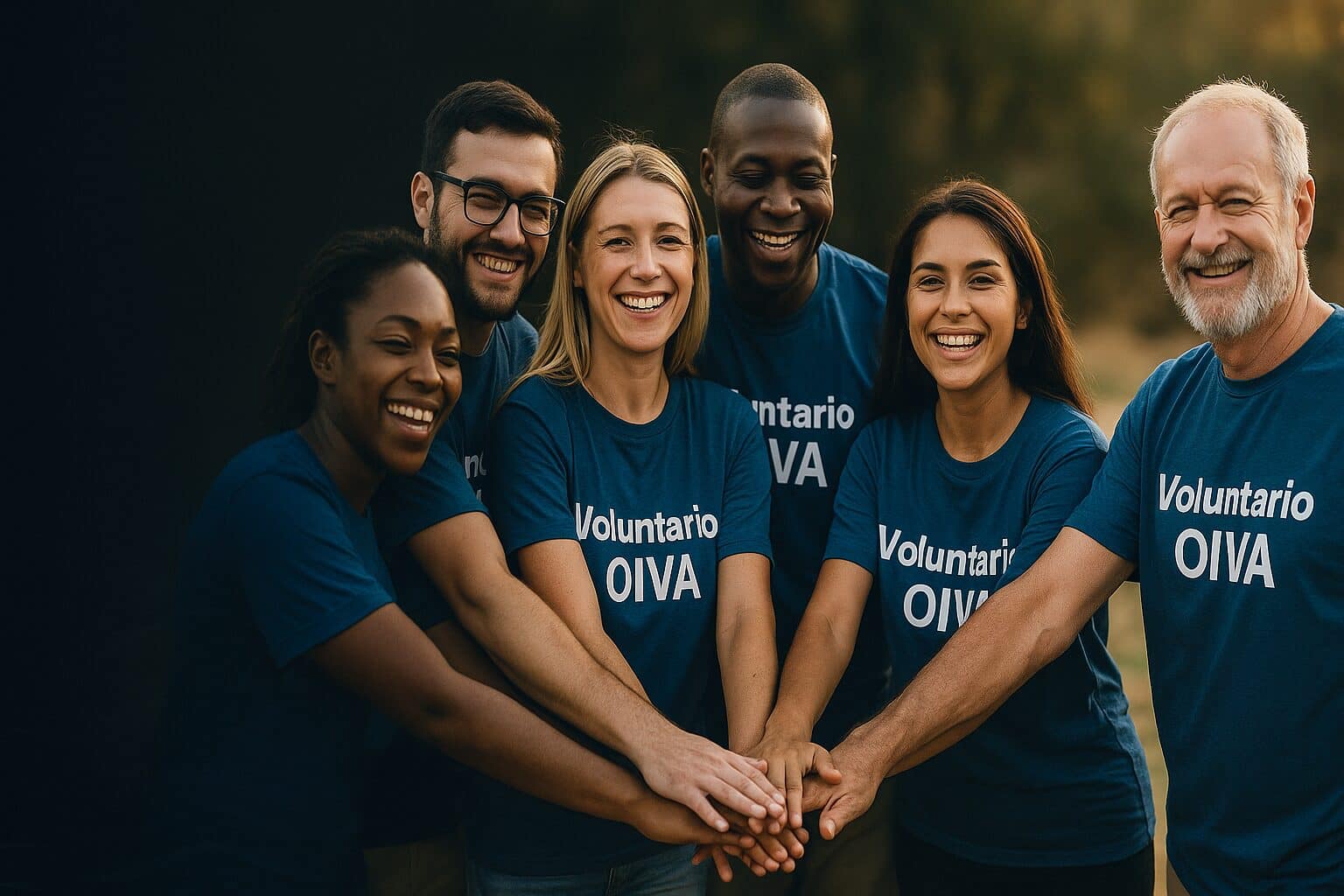 Voluntariado OIVA – Unidad y acción solidaria Equipo de voluntariado de OIVA con manos unidas, reflejando unidad, colaboración y compromiso social.